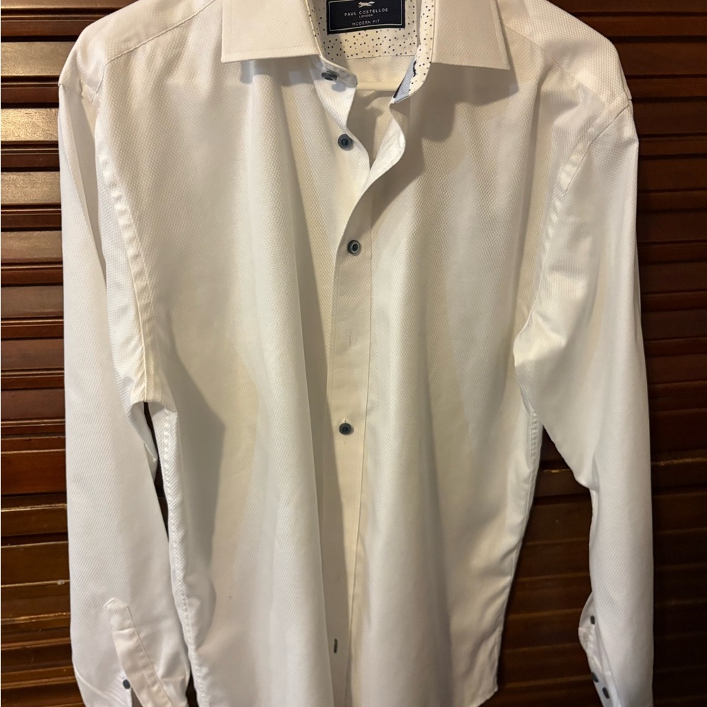 Men's Textured Costelloe White Dress Shirt with Contrast Buttons